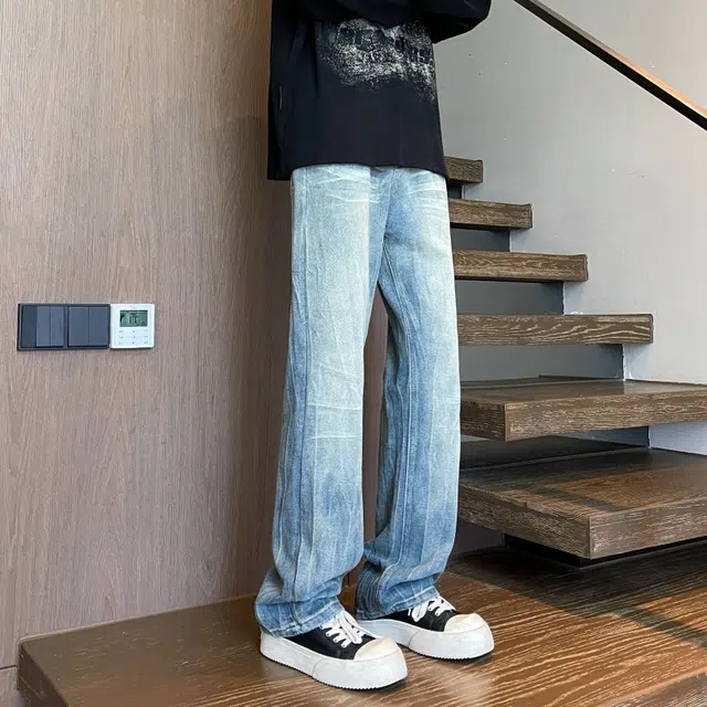 宝米卡 高街宽松时尚直筒美式复古潮牌休闲长裤阔腿弯刀裤磨白作旧水洗裤子牛仔裤 男女同款