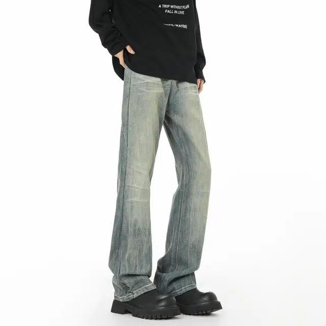 宝米卡 宽松直筒美式复古潮牌休闲长裤阔腿弯刀裤时尚磨白作旧水洗裤子牛仔裤 男女同款