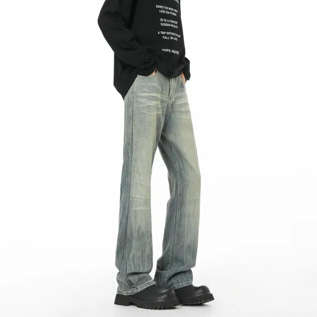 宝米卡 宽松直筒美式复古潮牌休闲长裤阔腿弯刀裤时尚磨白作旧水洗裤子牛仔裤 男女同款