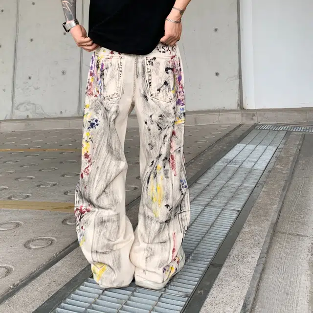宝米卡 美式复古涂鸦泼墨潮牌宽松直筒阔腿裤高街牛仔裤 男女同款