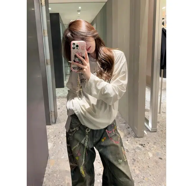 宝米卡 美式高街糖果链条重磅潮牌做旧阔腿微喇长裤子牛仔裤 男女同款