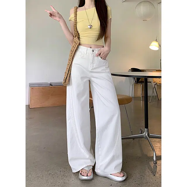 宝米卡 白色弯刀美式复古设计感宽松显瘦阔腿拖地裤牛仔裤 男女同款