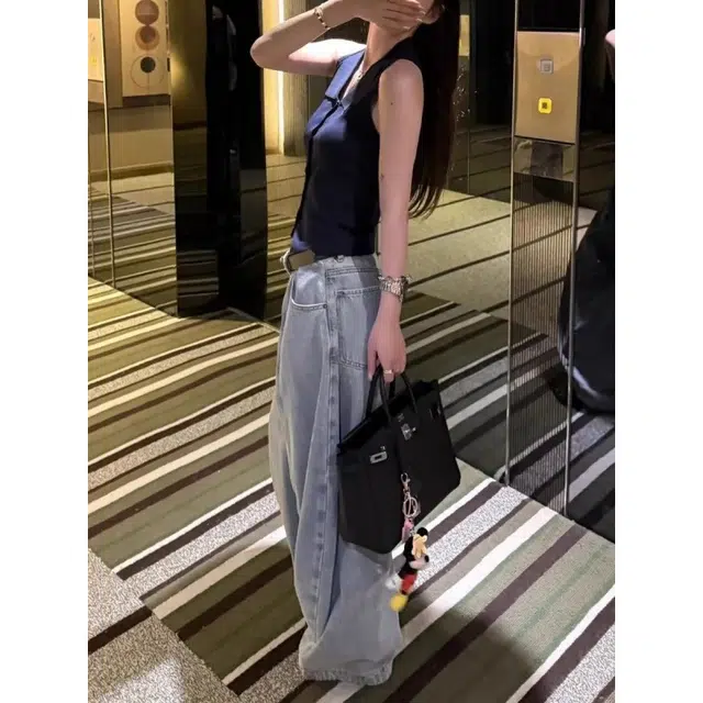 宝米卡 蓝色复古慵懒风宽松遮跨阔腿裤百搭个性显高长裤牛仔裤 男女同款