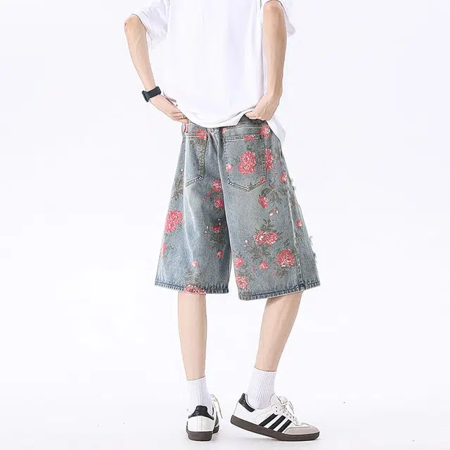 宝米卡 美式高街花卉破洞五分裤夏季高级感显瘦裤子玫瑰满印直筒牛仔短裤 男女同款