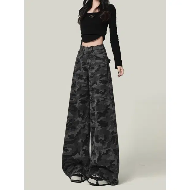 宝米卡 美式复古迷彩色工装设计感直筒阔腿弯刀裤子牛仔裤 男女同款