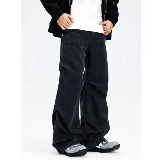 宝米卡 宽松阔腿褶皱水洗工装设计感牛仔裤 男女同款
