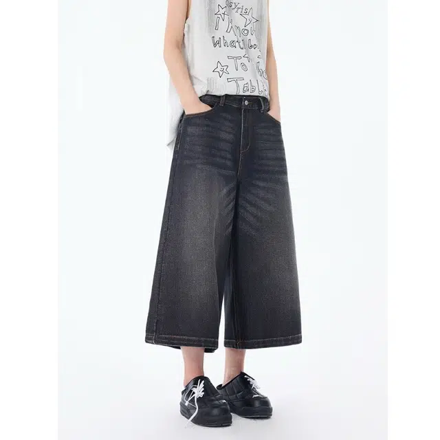 宝米卡 美式复古高街设计感宽松马裤阔腿中裤牛仔短裤 男女同款
