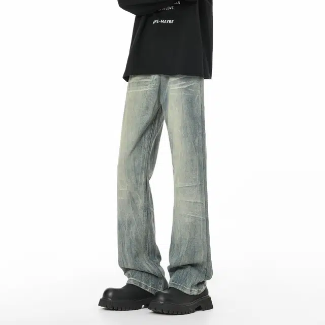 宝米卡 宽松直筒美式复古潮牌休闲长裤阔腿弯刀裤时尚磨白作旧水洗裤子牛仔裤 男女同款