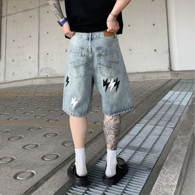 宝米卡 美式复古贴皮闪电五分裤潮牌高街废土裤子宽松牛仔短裤 男女同款