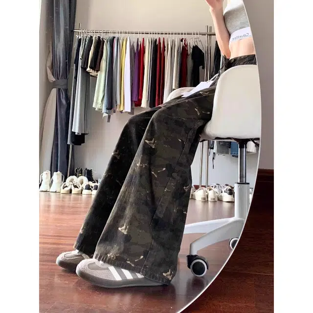 宝米卡 迷彩直筒秋季美式工装裤显瘦宽松阔腿拖地裤牛仔裤 男女同款