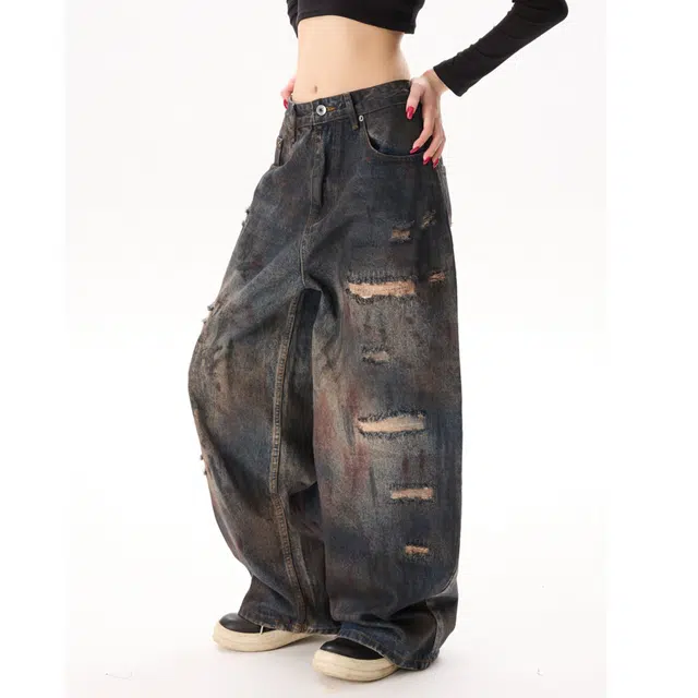 宝米卡 巴黎风格美式复古破洞宽松直筒阔腿长裤子牛仔裤 男女同款
