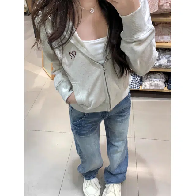 宝米卡 美式复古微喇叭裂纹设计感直筒宽松显瘦阔腿裤牛仔裤 男女同款