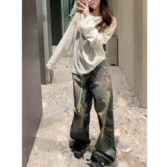 宝米卡 美式高街糖果链条重磅潮牌做旧阔腿微喇长裤子牛仔裤 男女同款