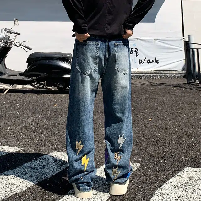 宝米卡 美式高街闪电渐变色潮牌宽松直筒阔腿休闲百搭长裤子牛仔裤 男女同款