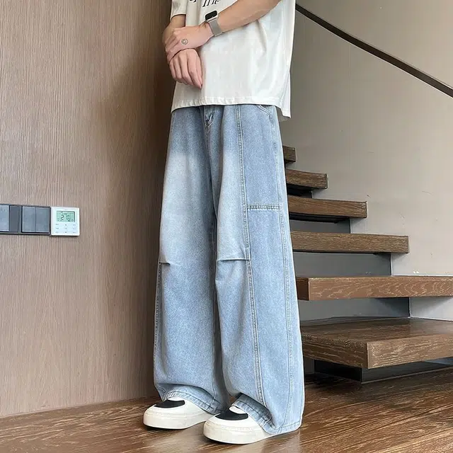 宝米卡 美式廓形复古宽松水洗做旧休闲直筒褶皱弯刀阔腿裤牛仔裤 男女同款