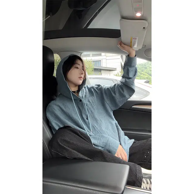 宝米卡 复古老钱风连帽长袖春秋宽松慵懒风外套轻薄防晒情侣上衣衬衫 男女同款