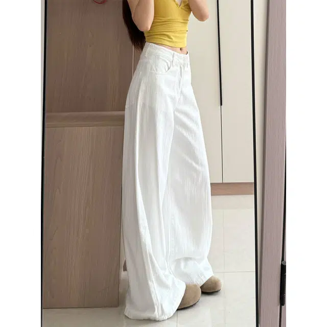 宝米卡 白色纹理褶皱阔腿夏季薄款高腰宽松遮肉显瘦垂感拖地裤子牛仔裤 男女同款