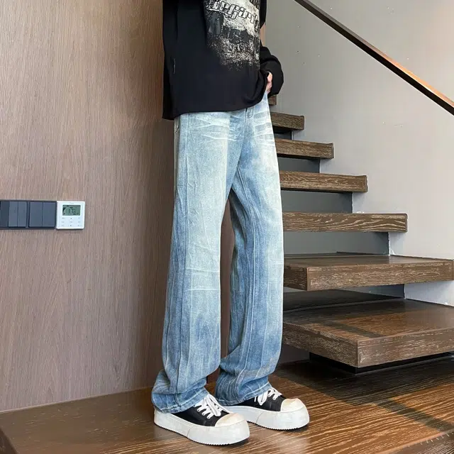 宝米卡 高街宽松时尚直筒美式复古潮牌休闲长裤阔腿弯刀裤磨白作旧水洗裤子牛仔裤 男女同款