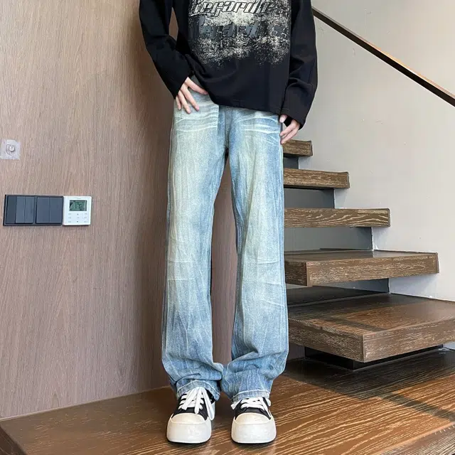 宝米卡 高街宽松直筒美式复古潮牌休闲长裤阔腿弯刀裤时尚磨白作旧水洗裤子牛仔裤 男女同款