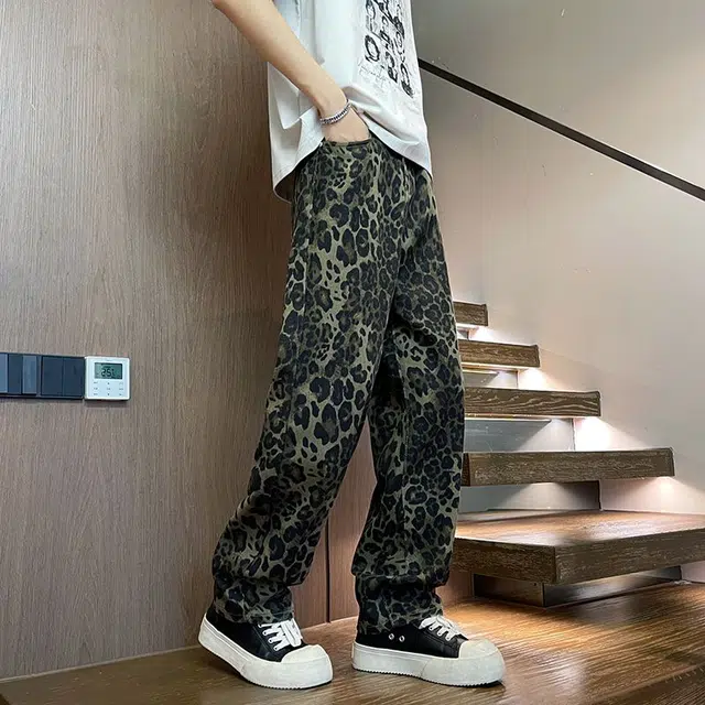 宝米卡 美式豹纹薄款宽松直筒休闲长裤潮牌潮流复古高街阔腿裤牛仔裤 男女同款