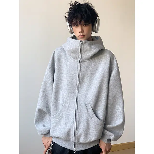 宝米卡 美式高街纯色高领拉链连帽秋季慵懒风宽松休闲运动外套卫衣 男女同款