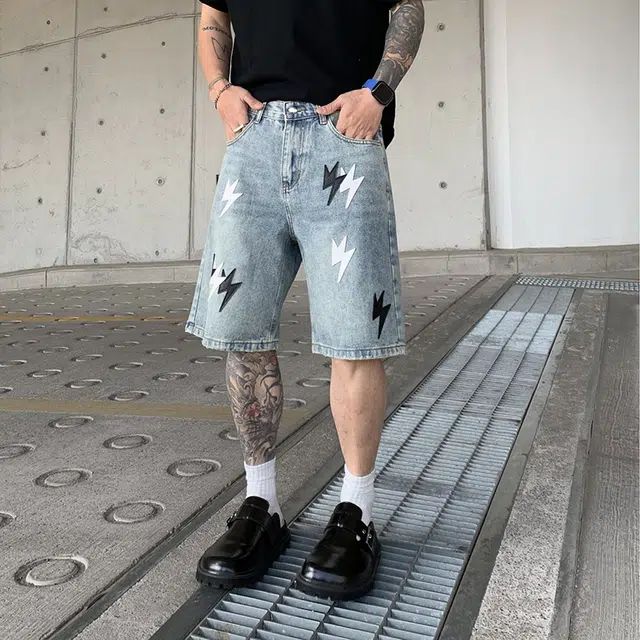 宝米卡 美式复古贴皮闪电五分裤潮牌高街废土裤子宽松牛仔短裤 男女同款