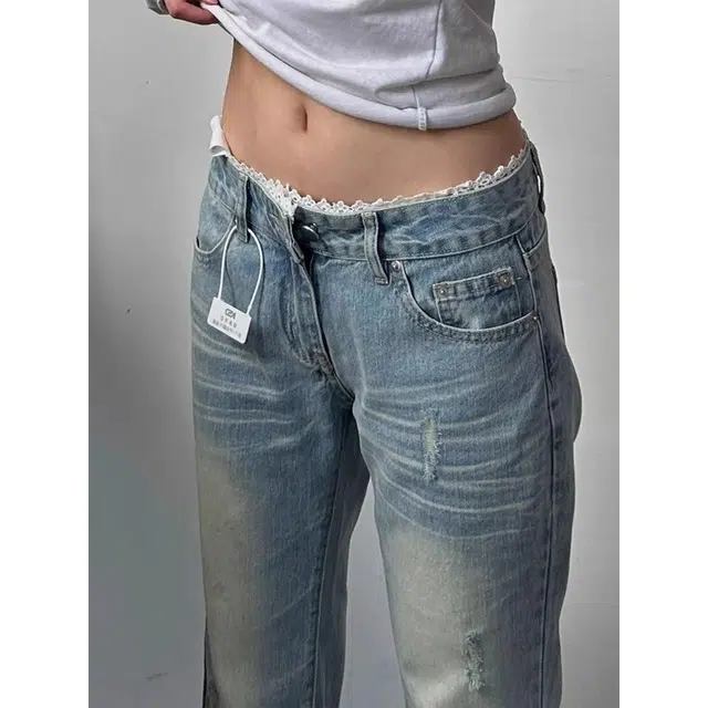 宝米卡 复古浅蓝色蕾丝拼接微喇显瘦直筒马蹄长裤子牛仔裤 男女同款