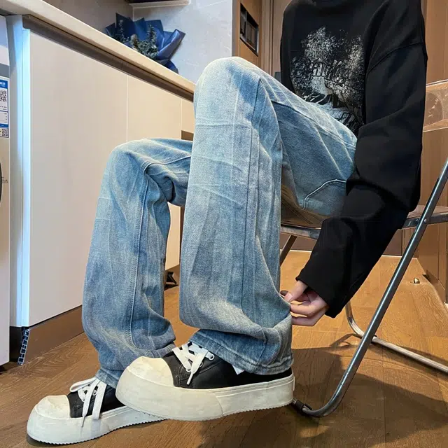 宝米卡 高街宽松时尚直筒美式复古潮牌休闲长裤阔腿弯刀裤磨白作旧水洗裤子牛仔裤 男女同款