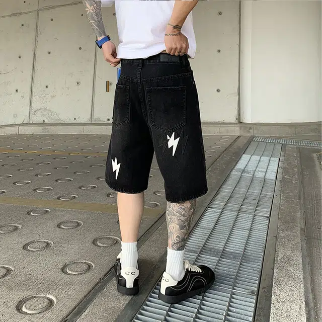 宝米卡 美式贴皮闪电五分裤潮牌高街宽松直筒潮流牛仔短裤 男女同款
