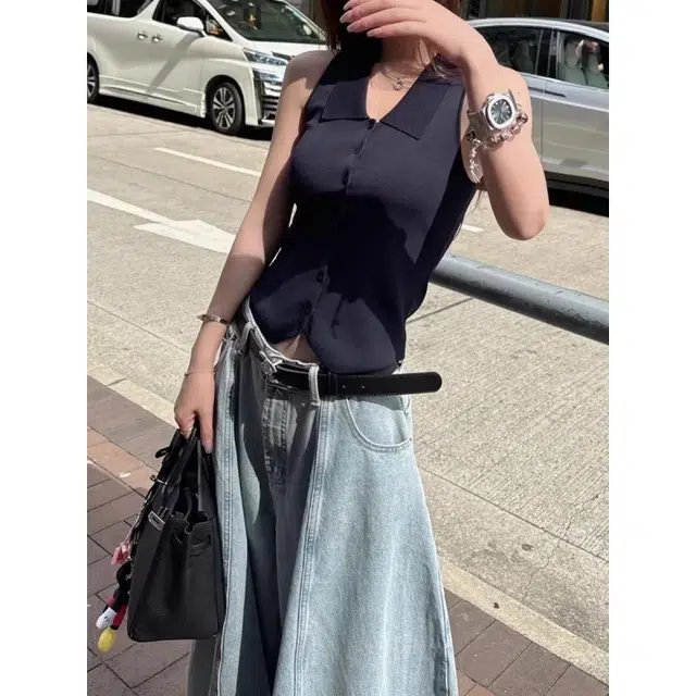 宝米卡 蓝色复古慵懒风宽松遮跨阔腿裤百搭个性显高长裤牛仔裤 男女同款