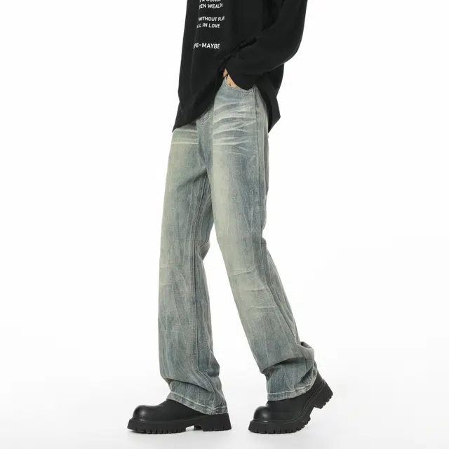 宝米卡 宽松直筒美式复古潮牌休闲长裤阔腿弯刀裤时尚磨白作旧水洗裤子牛仔裤 男女同款