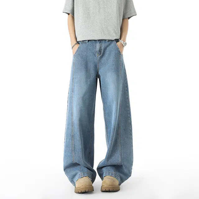 宝米卡 高街复古弯刀作旧水洗裤子直筒宽松痞帅时尚潮牌阔腿休闲长裤牛仔裤 男女同款