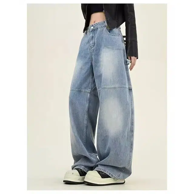 宝米卡 美式复古时尚水洗做旧印花秋季宽松阔腿弯刀长裤子牛仔裤 男女同款