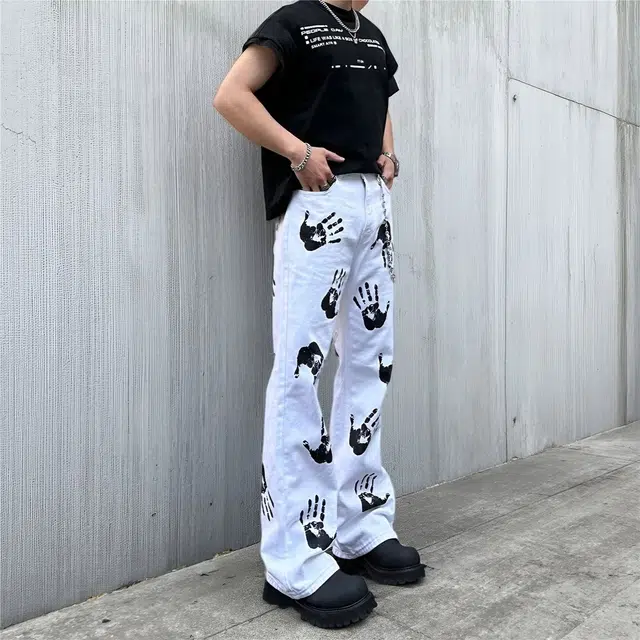 宝米卡 美式微喇裤子高街满印青少年潮牌图案舒适百搭牛仔裤 男女同款