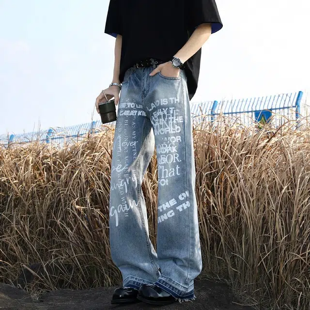 宝米卡 美式高街印花裤子潮牌痞帅牛仔裤 男女同款 蓝色
