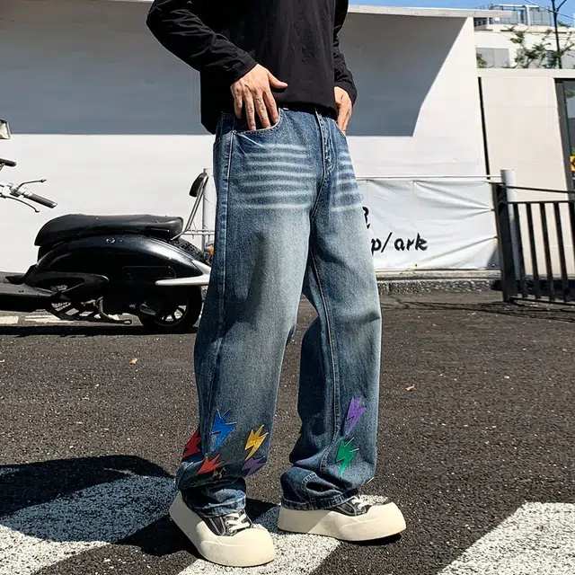 宝米卡 美式高街闪电渐变色潮牌宽松直筒阔腿休闲百搭长裤子牛仔裤 男女同款