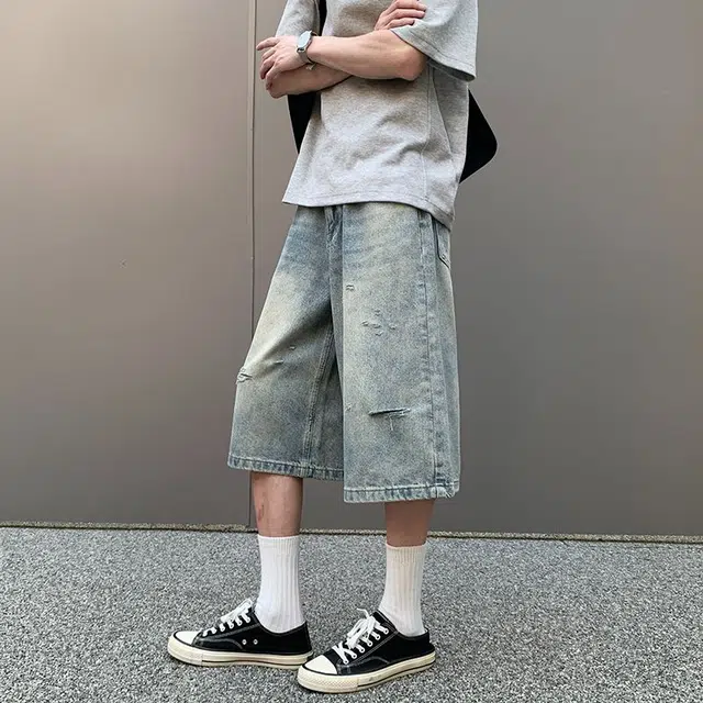 宝米卡 美式复古水洗宽松休闲破洞牛仔短裤 男女同款