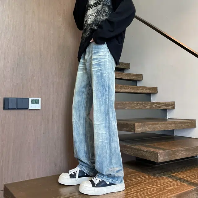 宝米卡 高街宽松直筒美式复古潮牌休闲长裤阔腿弯刀裤时尚磨白作旧水洗裤子牛仔裤 男女同款