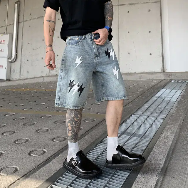 宝米卡 美式复古贴皮闪电五分裤潮牌高街废土裤子宽松牛仔短裤 男女同款