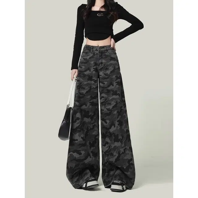 宝米卡 美式复古迷彩色工装设计感直筒阔腿弯刀裤子牛仔裤 男女同款