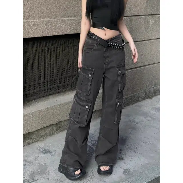 宝米卡 街头美式多口袋小众复古阔腿工装裤情侣拖地裤牛仔裤 男女同款