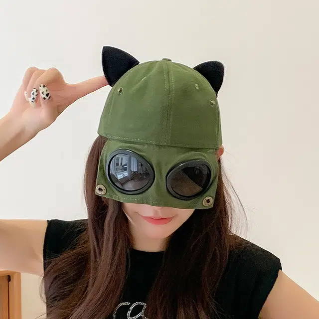 佩洛依 可爱带猫耳朵飞行员帽子 棉 渔夫帽 男女同款情侣款