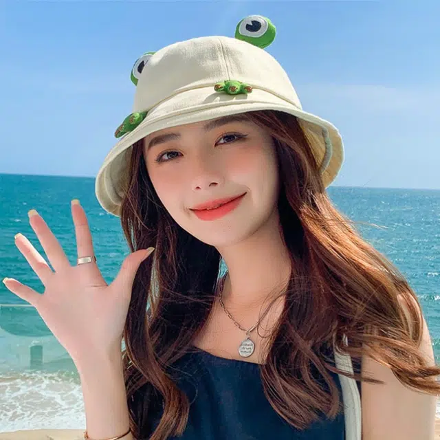 佩洛依 个性时尚青蛙帽 甜美 日系盆帽遮阳防晒 棉 渔夫帽 女款