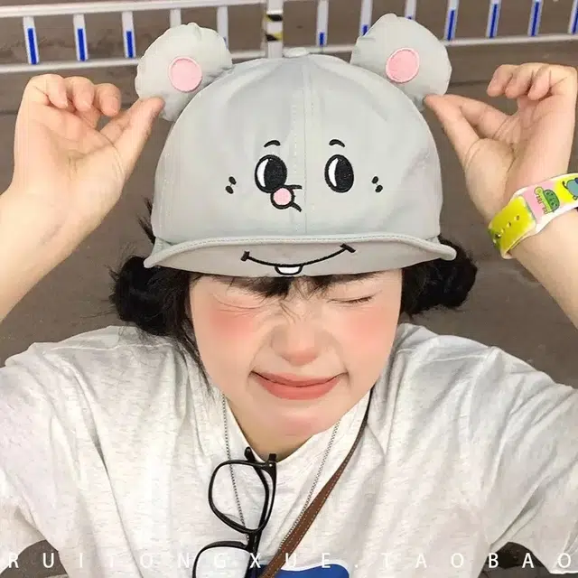 佩洛依 可爱显脸小超萌灰耗子耳朵翻檐轻薄透气遮阳 聚酯纤维 防晒帽 男女同款情侣款
