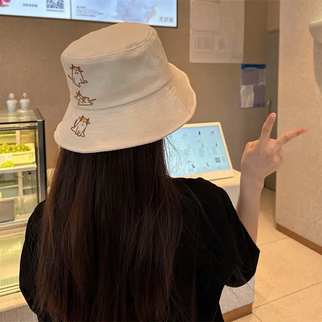 佩洛依 日系可爱时尚猫咪遮阳防晒 棉 渔夫帽 男女同款情侣款
