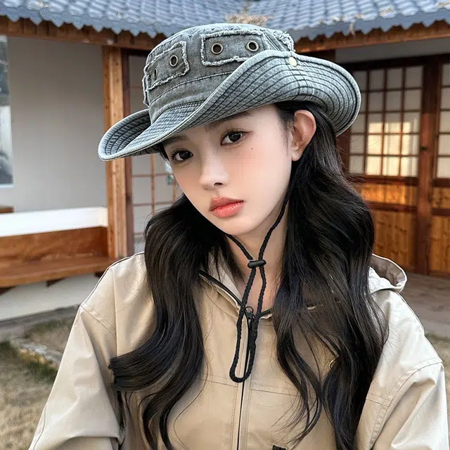 佩洛依 水洗做旧牛仔 复古大檐铜扣补丁户外遮阳 棉 渔夫帽 男女同款情侣款