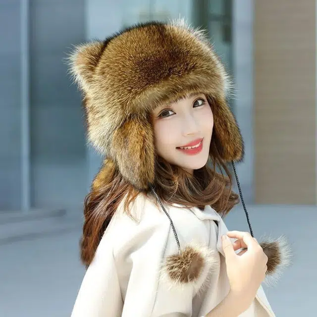 佩洛依 亲子小浣熊尾巴可爱护耳帽 加厚保暖护耳仿狐狸毛猫耳骑行防冻冷帽 聚酯纤维 雷锋帽 儿童款