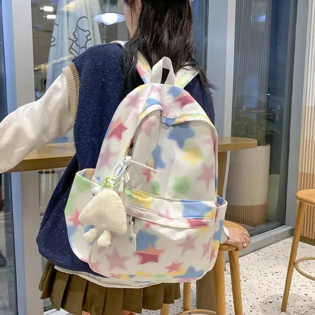 爱尔绅特 拉链开合百搭 尼龙 双肩包 常规 男女同款情侣款 白色/黑色/彩条纹
