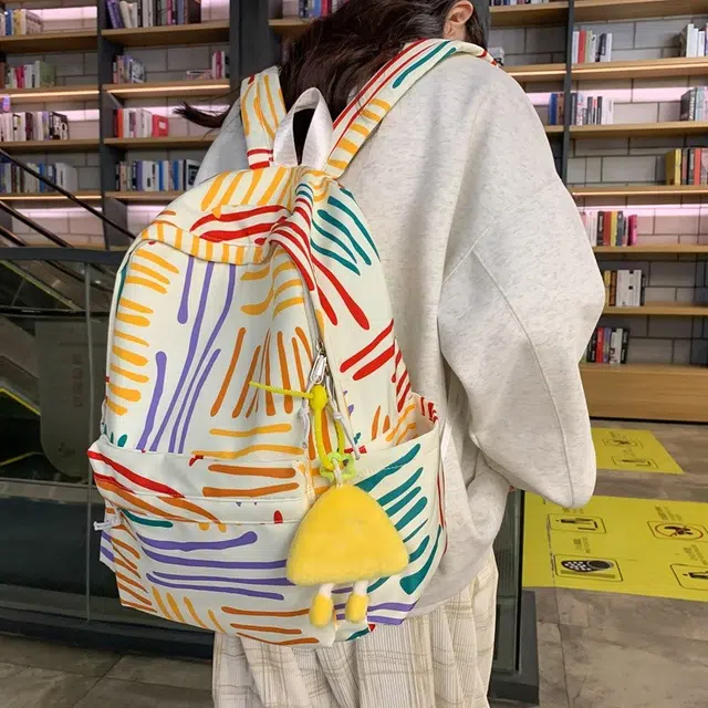 爱尔绅特 拉链开合百搭 尼龙 双肩包 常规 男女同款情侣款 白色/黑色/彩条纹