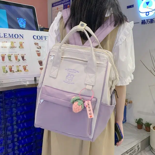 爱尔绅特 大容量百搭轻防水时尚初高中学生拼色简约 尼龙 双肩包 女款 白色/黑色